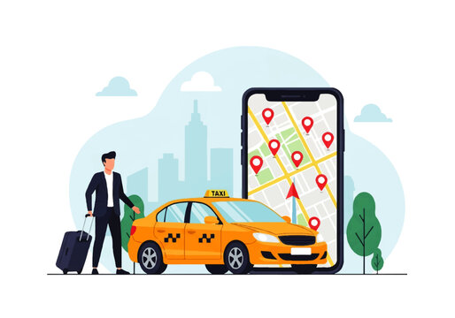 Taxi Pickup Service with GPS Map Smartphone Vector Illustration