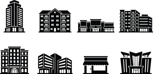 Obraz premium Commercial Building Silhouette Vector Set with Office Towers Retail Stores and Urban Architecture Icons