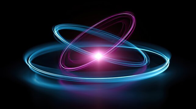Glowing elliptical orbits of light emanate from a central bright orb
