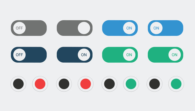Collection of user interface toggle switches and radio buttons in various colors and states on a light gray background.