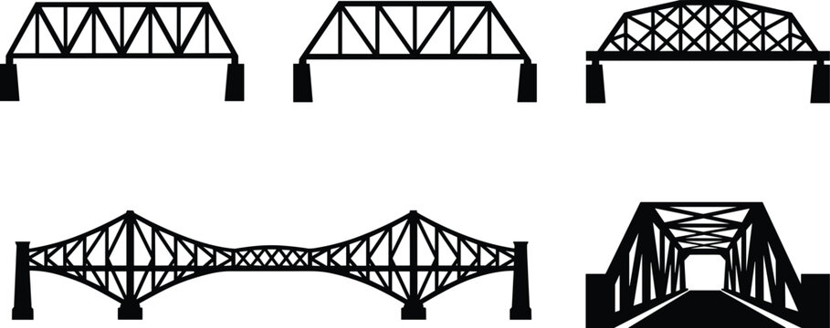 Bridge Silhouette Vector Set Featuring Truss Arch Suspension and Steel Bridge Designs