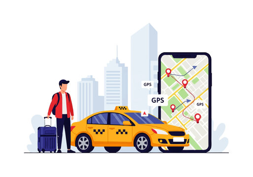 Passenger Booking Taxi Using GPS Smartphone App Illustration