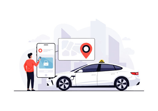 Taxi Booking Interface with GPS Marker Cartoon Vector Illustration