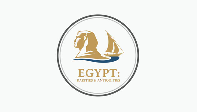Official looking emblem for an egyptian company featuring a sphinx profile and a sailboat on a white background.