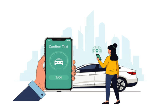 Woman Confirming Taxi Booking on Smartphone Cartoon Vector Illustration