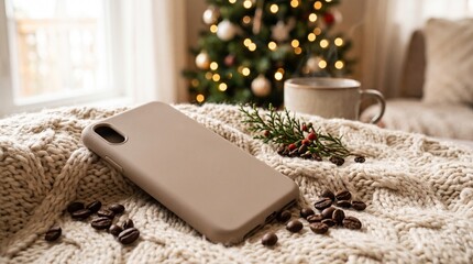 Fototapeta premium Cozy Holiday Morning: Smartphone, Coffee, and Christmas Tree on Knitted Blanket.