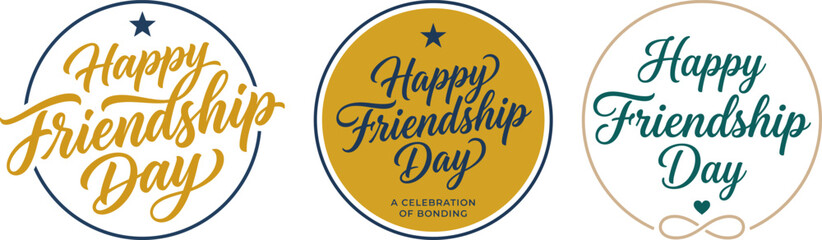 Happy friendship day badges celebrate bonds with elegant circular designs for social media greetings © Mafroza Ali Nima