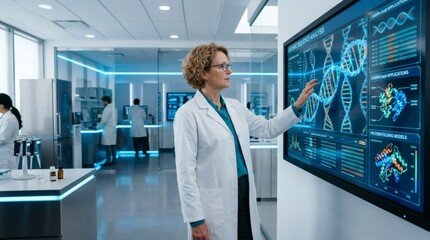 Fototapeta premium Female scientist in laboratory setting interacting with DNA sequence on screen.