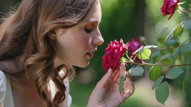 Woman with wavy brown hair, wearing a white off-shoulder top, gently smelling a vibrant red rose in a lush garden 