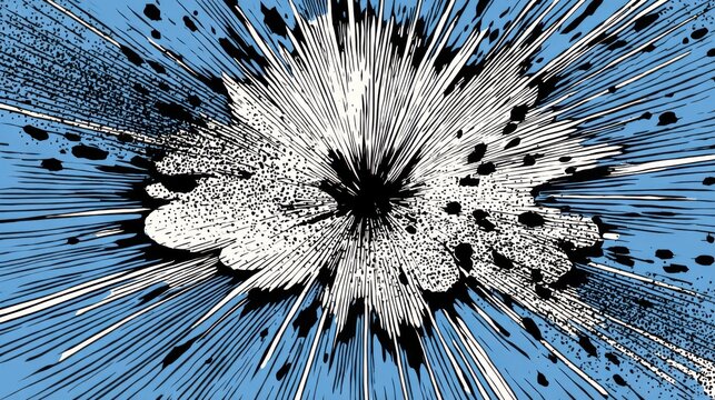 Hand drawn comic book explosion. Graphic blast effect with halftone dots and speed lines.