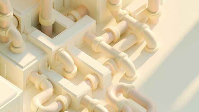 Abstract geometric 3D white and pink clean pipeline maze structure.