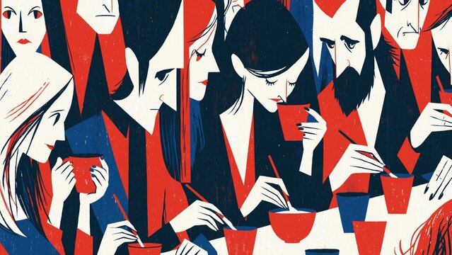 Abstract stylized painting of diverse people eating and drinking from red cups.