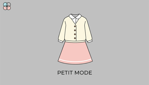 School uniform display featuring cream cardigan over white shirt and pink pleated skirt with text petit mode.