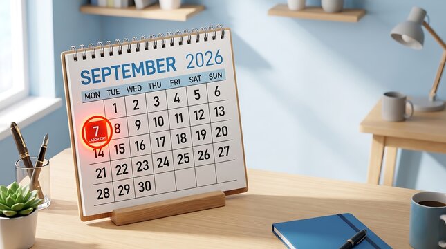 3D Render of September Calendar with Highlighted Labor Day