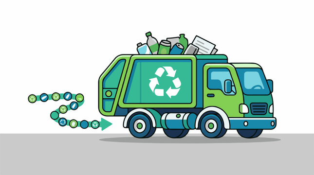 Green recycling truck collecting bottles and cans with process visualization