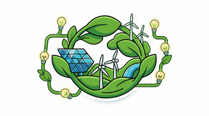 Fototapeta premium Green energy concept with plants solar wind and light bulbs