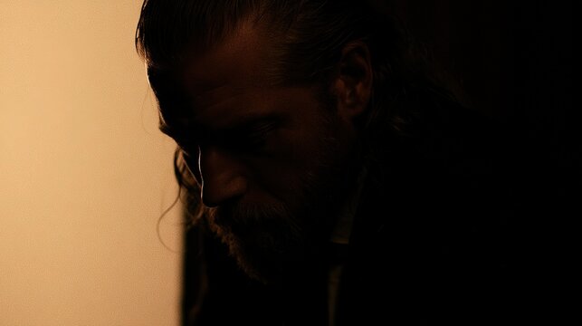 Dark figure in warm glow, unseen light source, cinematic mood through light and shadow interplay