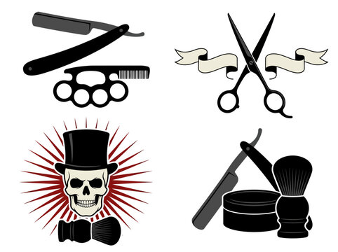 Vintage Barbershop Logo Set with Skull, Straight Razors, and Scissors