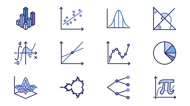 Dynamic Visual Guide to Diverse Data Visualization Techniques and Mathematical Concepts in Blue and Purple