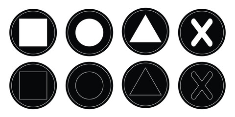 A set of geometric symbols on a game controller featuring a triangle, square, cross, and circle. © Welly