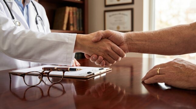 Doctor shaking hands with patient after successful consultation, medical agreement, trust and care concept, clipboard with documents on wooden desk, glasses and pen, professiona...