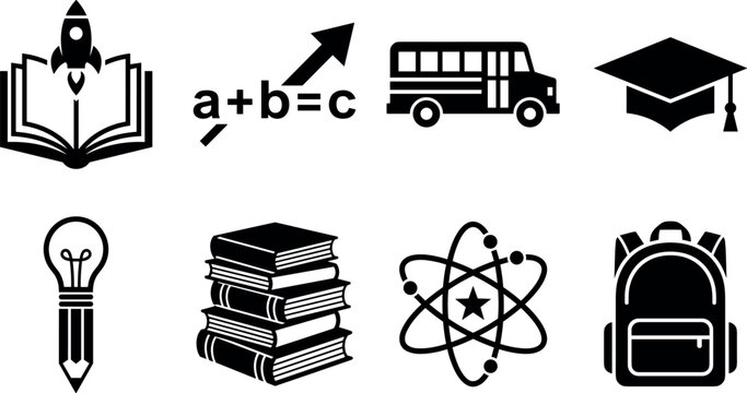Academic learning and education icon set featuring rocket book math formula school bus hat.