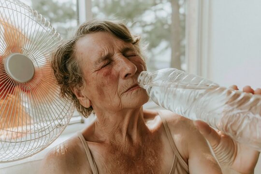 Exhausted senior woman with a flushed face drinking water by a desk fan at home, capturing a weary and perspiring state during a summer heat wave