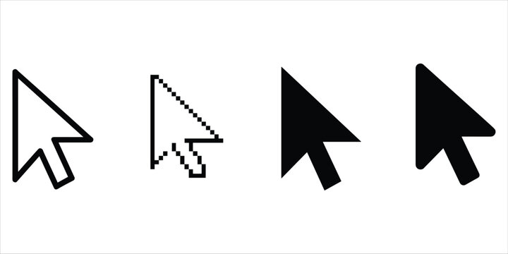 Four computer mouse cursor arrow in black and white, featuring outlined, pixelated, and solid fill variations