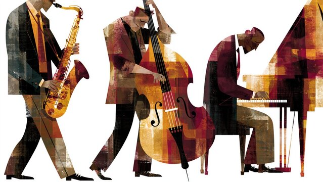 Jazz trio playing saxophone double bass and piano instruments.