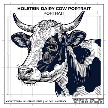 Holstien Dairy Cow Portrait Blueprint Illustration