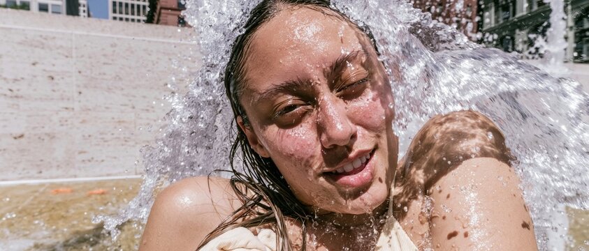 A South Asian young adult splashes cool water on their face at a public fountain during a heatwave for summer lifestyle and wellness themes