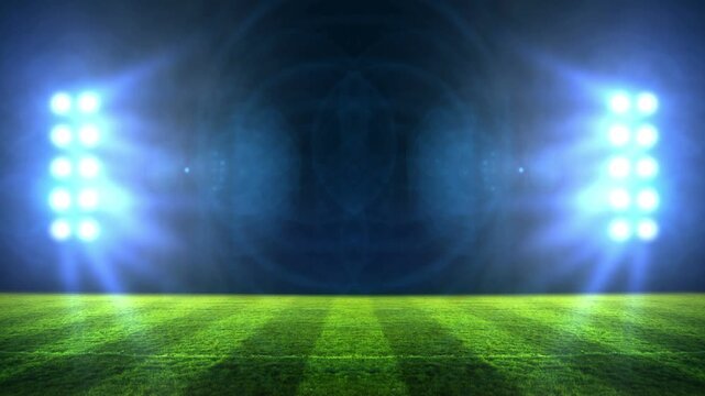 stadium Moving lights, animated flash with people fans. 3d render illustration cloudy sunset