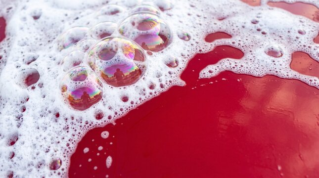 White foam soap cascading on red car hood with rainbow bubbles, car wash cleaning abstract
