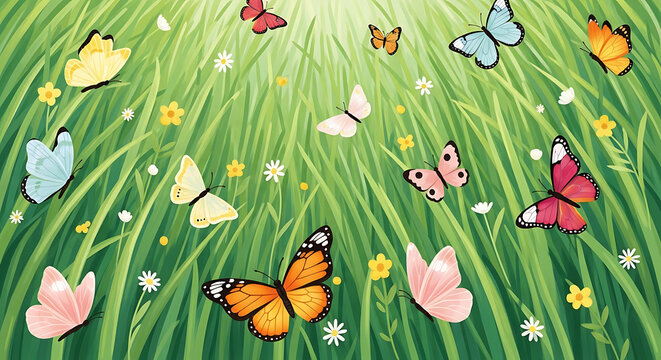 Colorful butterflies fluttering among green grass and small flowers butterfly insect insects flying