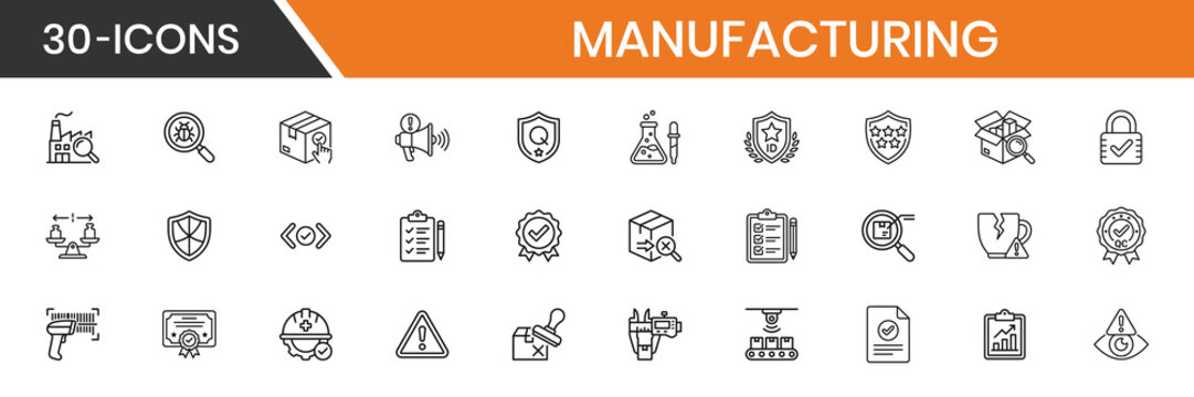 Manufacturing quality control thin line icon set, factory, process, industry, vector collection