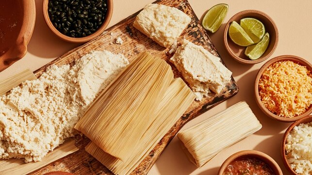 Traditional tamales preparation on a weathered wooden board with masa dough and fresh ingredients for a Hispanic heritage food campaign