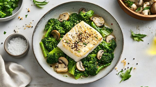 Grilled white fish fillet served with saut&eacute;ed broccoli and mushrooms on a ceramic plate, top view