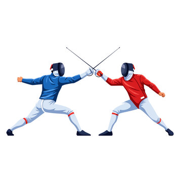 Two Fencers in Action, Sword Fight Between Athletes, Sport Competition