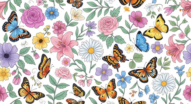 Seamless pattern of colorful butterflies and blooming flowers on white background butterfly floral