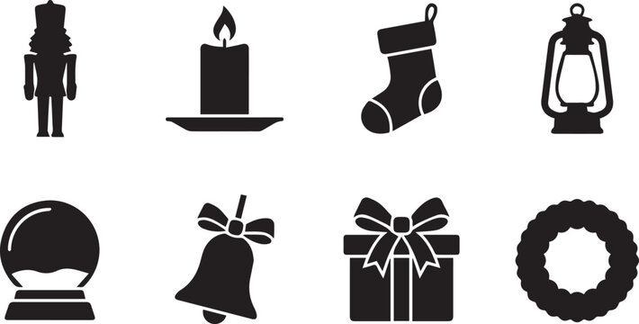 Set of black silhouette featuring christmas symbols including a nutcracker, candle, stocking, lantern, snow globe, bell, gift, and wreath