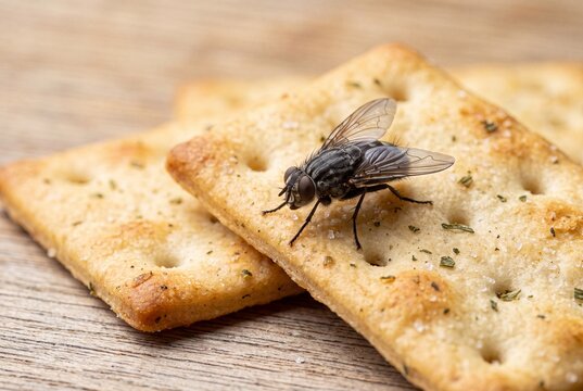 A common housefly resting on a salted cracker with herbs on a wooden table surface