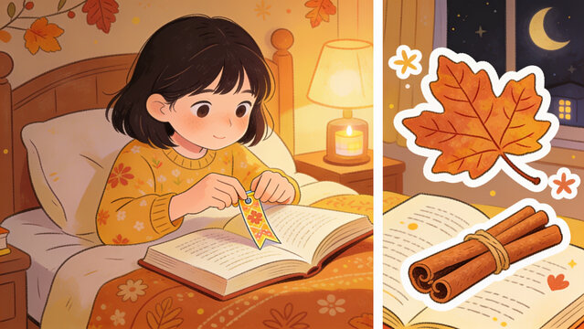Child Reading Book by Candlelight in Cozy Autumn Bedroom