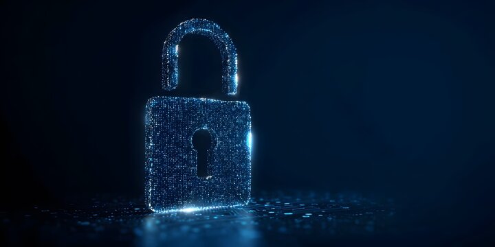 Digital padlock glowing with blue light on dark background.