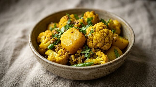 Aloo gobi with golden turmeric-coated potato and cauliflower florets | Indian Food Stock Photo for Commercial Use