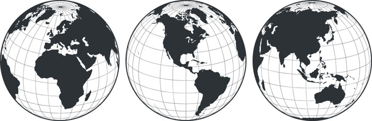 Minimalist World Globe Silhouette Icon Set Showing Europe Africa the Americas and Asia-Pacific Continents with Latitude and Longitude Grid Lines for Cartography Designs © PUTUL