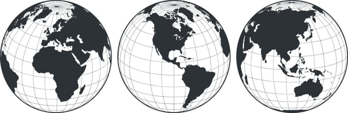 Minimalist World Globe Silhouette Icon Set Showing Europe Africa the Americas and Asia-Pacific Continents with Latitude and Longitude Grid Lines for Cartography Designs