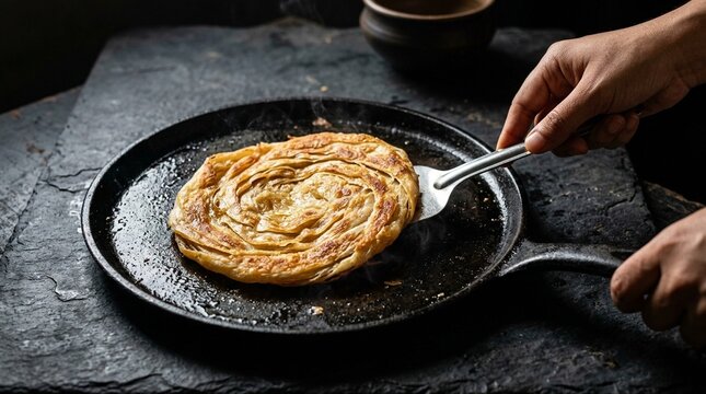 Golden fried paratha layered and flaky resting on a black cast-iron tawa | Indian Food Stock Photo for Commercial Use