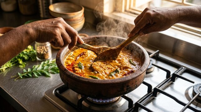 Goan fish curry simmering in a tangy coconut and tamarind gravy | Indian Food Stock Photo for Commercial Use