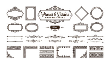 Vintage ornate frames and dividers set featuring elegant line art borders corner flourishes and baroque decorative typography labels. © MdEajdani