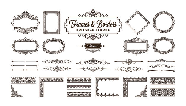 Vintage ornate frames and dividers set featuring elegant line art borders corner flourishes and baroque decorative typography labels.
